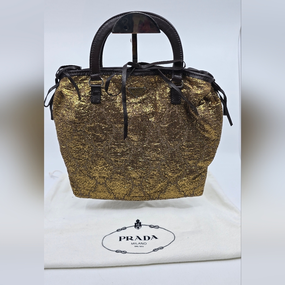 Prada Bronzo Brocade & Leather Handbag